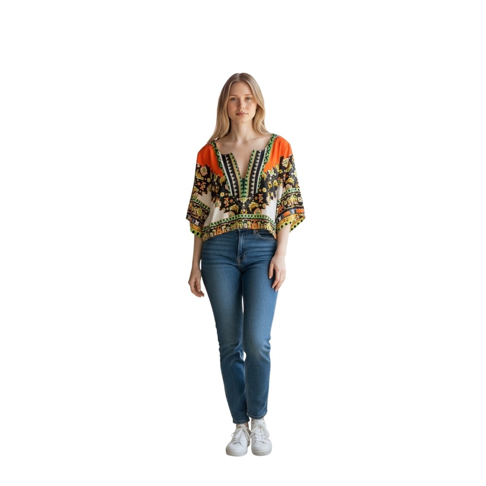 Farm Rio Women Multi-Color Geometric Floral Print V-Neck Crop Top Size M‎